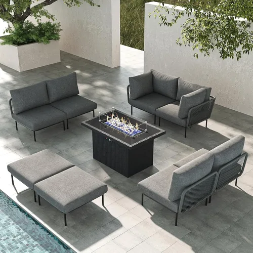 Vista 57 de LayinSun Juego de muebles de patio de aluminio de 7 piezas, sofá modular moderno con mesa auxiliar y cojín de grosor mejorado Gris claro