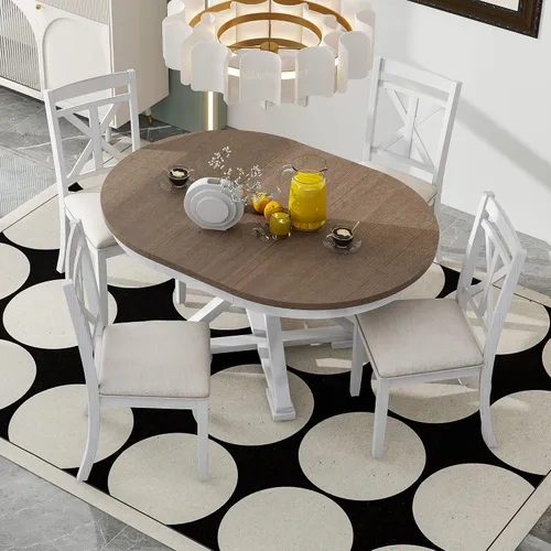 Vista 28 de VilroCaz Juego de comedor funcional retro de 5 piezas, mesa de comedor extensible de madera maciza con una hoja de 16 pulgadas y 4 sillas tapizadas