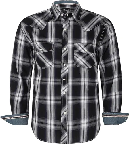 Vista 14 de Camisas occidentales de manga larga con botones para hombre, camisas a cuadros de ajuste regular Blkslub