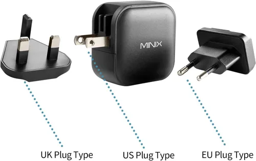 Vista 4 de MINIX P1 66W Turbo 3-Port GaN Cargador de pared de viaje USB C Adaptador de corriente rápida Foldable Plug (2x USB-C, 1x USB-A) Compatible with