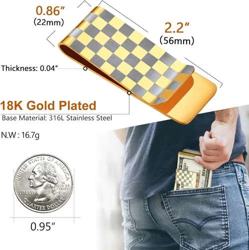 Vista 6 de ChainsProMax Puede grabar clip de dinero para hombre, patrón de bandera de Estados Unidosbéisbol, patrón de caja, acero inoxidablechapado en oro