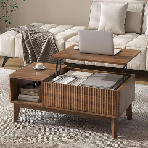 Vista 12 de LYNCOHOME Mesa de centro acanalada con compartimento oculto, mesas de centro elevables de madera, mesa central moderna para sala de estar, oficina
