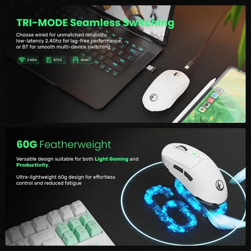 Vista 3 de G59 Ratón inalámbrico/con cable/BT 2.4G para juegos, ratón inalámbrico recargable con USB tipo C, 6 DPI ajustables, 8000 DPI máximo, 60g