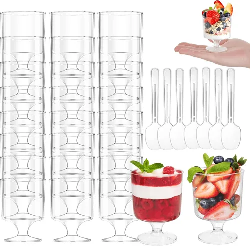 Vista 5 de Youeon Paquete de 50 mini vasos de postre de plástico con cucharas, taza de postre transparente de 5 onzas, tazas pequeñas para postres, aperitivos