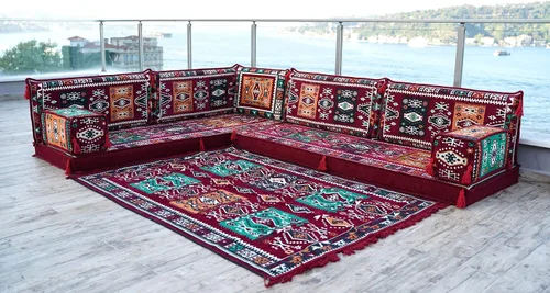 Vista 2 de arabicsofa Sofá de piso árabe granate en forma de L - Juego de asientos modulares de esquina para habitación de invitados