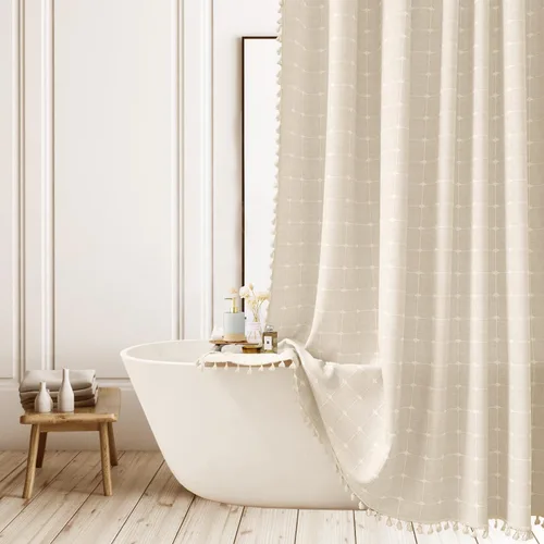 Vista 8 de Cortina de ducha de tela de estilo granja con rayas negras, cortina de baño bohemia de patchwork de gingham, cortina de baño rústica y elegante