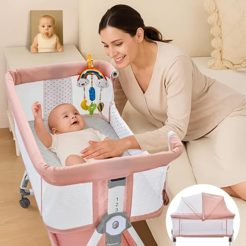 Vista 8 de Moisés 4 en 1 para Bebé Durmiente de Cabecera, Moisés de Cabecera con Ruedas, Moisés Ajustable de 6 Alturas con Colchón Suave, Mosquitero, Juguete