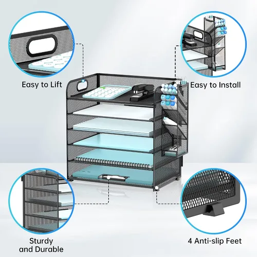 Vista 3 de SUPEASY Organizador de escritorio de 6 niveles con 4 soportes para bolígrafos, organizador de papel de malla con asa, bandeja organizadora de Negro