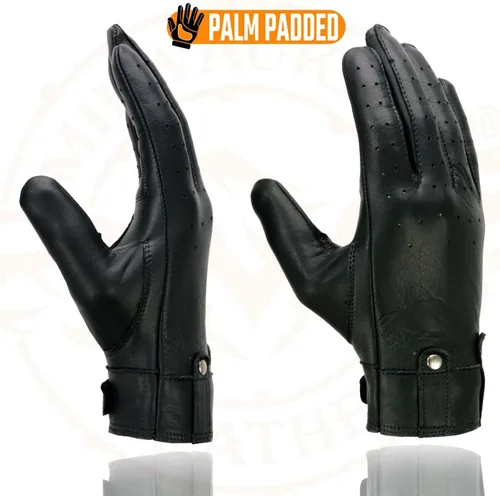 Vista 2 de Milwaukee Leather MG7710 - Guantes de mano para motocicleta de piel perforada negra con trabillas para muñeca