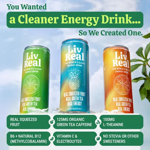 Vista 5 de LivReal Clean Energy Drink – Té Verde Orgánico Cafeína 125mg + L-Teanina 100mg – Fruta Real, Sin Edulcorantes ni Saborizantes – Vitamina C