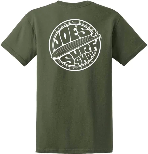 Vista 10 de Joe's Surf Shop - Camisetas de algodón pesado con gráficos en tamaño regular, grande y alto Logotipo de Longboard Ash / Sand