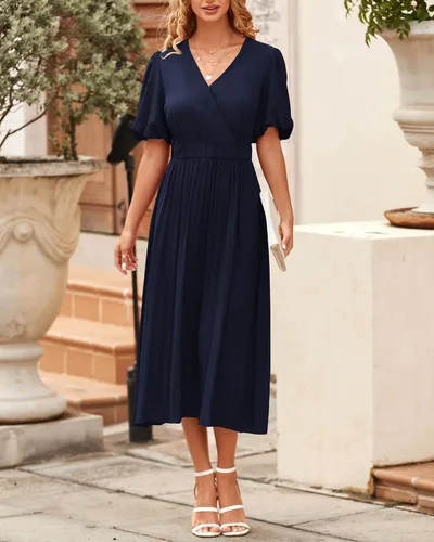 Vista 7 de BTFBM Vestidos casuales de verano 2023 para mujer, estilo bohemio, envolvente, cuello en V, manga corta, abombada, para fiesta en la playa, vestido