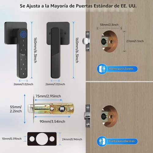 Vista 2 de Cerradura de puerta de huellas dactilares, perilla de puerta inteligente, cerradura de puerta biométrica, con aplicación/código/llave