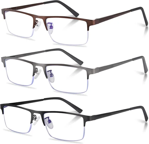 Vista 9 de Paquete de 3 lentes de lectura para hombre, ligeros marcos de metal con bloqueo de luz azul, filtro elegante para rayos UV/deslumbramiento de Negro