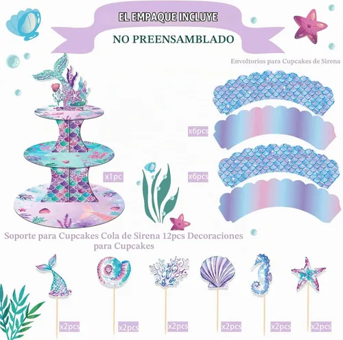 Vista 2 de Soporte para cupcakes de sirena, 3 niveles con 12 adornos