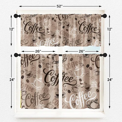 Vista 3 de Cortinas de Ventana de Cocina con Temática de Café, Juego de Cenefa y Niveles, Cortina Corta Marrón Estilo Granja con Bolsillo para Varilla