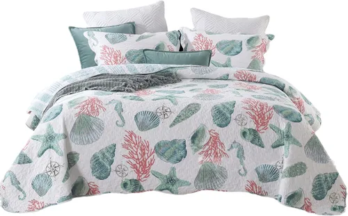 Vista 2 de ABREEZE Juego de ropa de cama con temática de playa costera, tamaño Queen, colcha reversible de algodón con diseño de conchas y conchas de mar