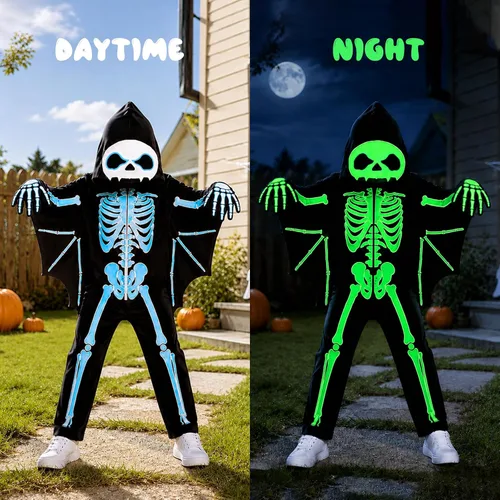 Vista 2 de Weixinbuy Disfraz de esqueleto de Halloween para niños que brillan en la Negro #1