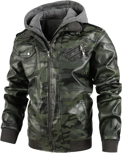 Vista 4 de Maiyifu-GJ Chaqueta de cuero sintético de camuflaje para hombre, chaqueta de moto cálida con capucha extraíble de poliuretano para motocicleta, Azul