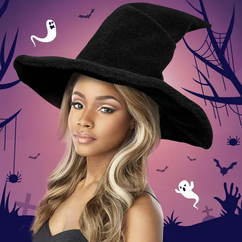 Vista 7 de Sombrero de bruja negro, disfraz de Halloween para mujeres adultas, 0.6 in de grosor, sombrero de mago Gandalf antiarrugas y se mantiene en pie