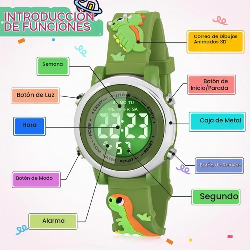 Vista 2 de Viposoon Relojes para niños con alarma impermeable, regalos de dinosaurios para niños y niñas de 3 a 10 años Verde militar
