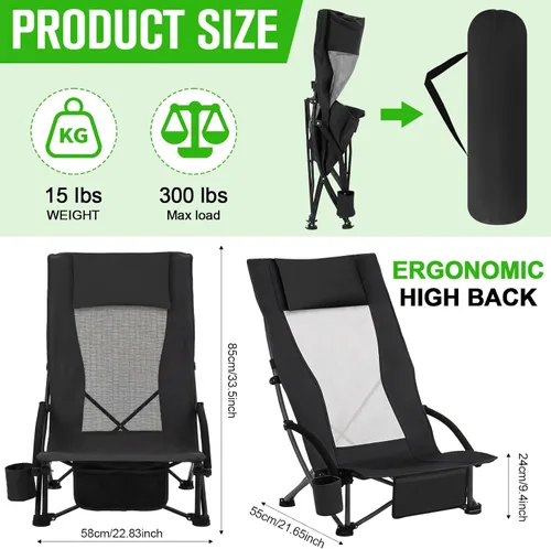 Vista 3 de Spiareal Paquete de 2 sillas de respaldo alto para adultos con reposacabezas, bolsa de transporte, mochila portátil, silla de playa plegable, 300