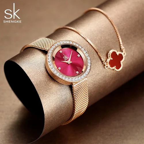 Vista 5 de SHENGKE Reloj de mujer de lujo analógico de cuarzo de moda de cuarzo para mujer, reloj impermeable para mujer Relogio Feminino, K0169-rosa rojo