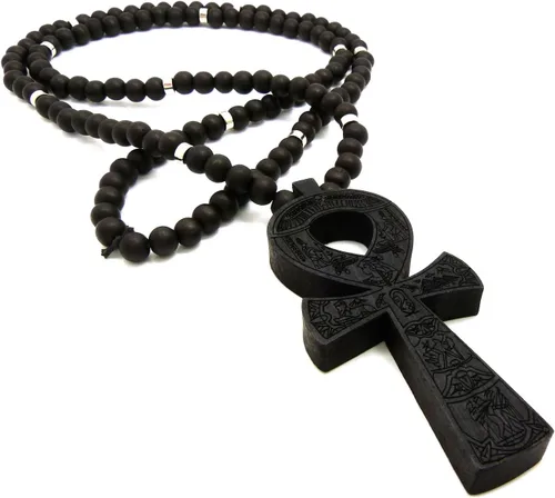 Vista 6 de Fashion 21 Colgante Egipto Key of Life Ankh de 0.315in, 36 pulgadas, collar de cuentas de madera en tono negro, marrón, Madera, N A