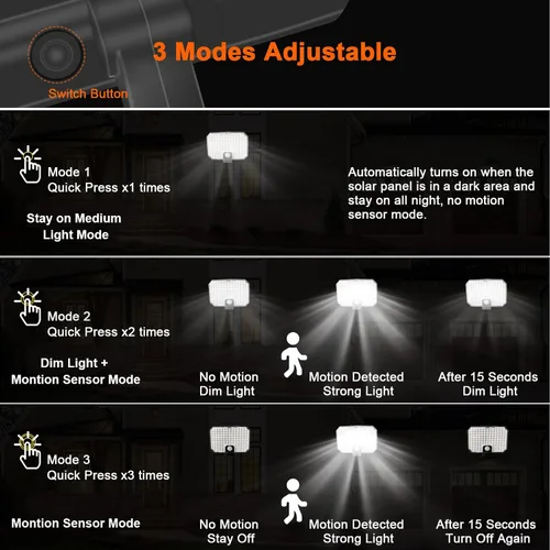 Vista 3 de Luces solares con sensor de movimiento para exteriores, impermeables, 3 modos, funciona con energía solar, luces de cobertizo del atardecer al