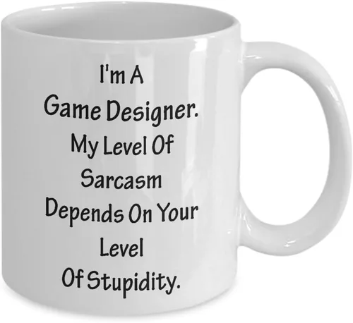 Vista 2 de Regalo divertido para diseñador de juegos, mi nivel de Sarcasm Depends – Taza de videojuegos, taza de café, taza de té, diseño inspirador, diseño