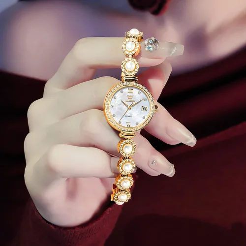 Vista 9 de OLEVS Reloj de pulsera analógico de lujo con cara pequeña para mujer, delicado e impermeable con perlas y diamantes, reloj para mujer con fecha