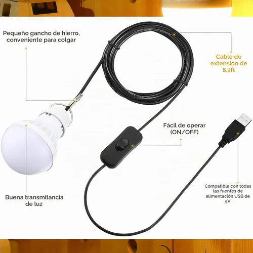 Vista 3 de Tuanse 3 bombillas LED USB, luces de campamento portátiles de 5 W con cable divisor USB de 1 a 3, cable de 8.2 pies de longitud extra para tienda