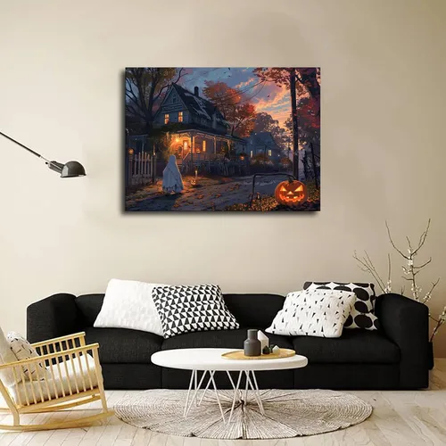 Vista 4 de chenmjj Póster de Halloween con imágenes de fantasmas aterradores y calabaza, póster pintado retro moderno para el hogar, dormitorio, habitación
