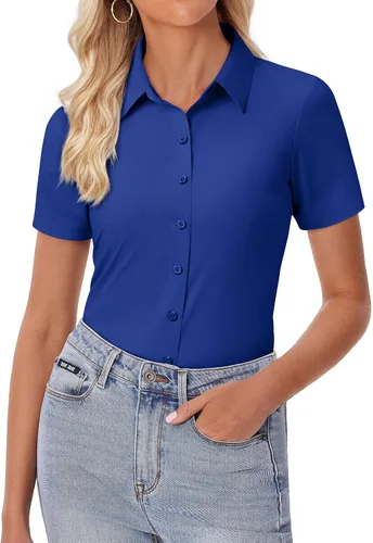 Vista 9 de siliteelon Camisa de vestir con botones para mujer, ajustada, elástica, de manga corta, sin arrugas, sólida, formal, para el trabajo