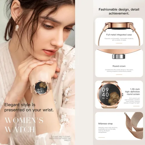 Vista 6 de Reloj inteligente (respuesta/haz llamadas) para mujer, reloj inteligente AMOLED de 1.27 pulgadas para iPhone Android, rastreador de actividad