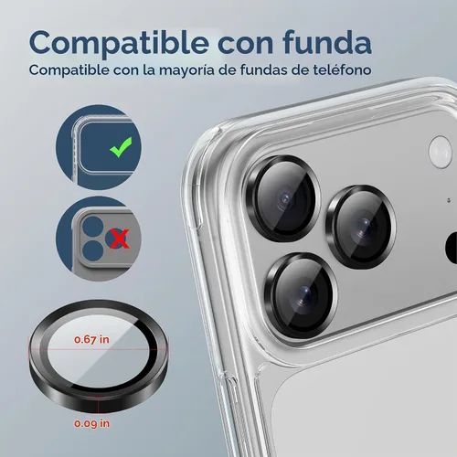 Vista 6 de Protector de lente de cámara para iPhone 17 Pro Max, vidrio templado 9H con marco de aleación de aluminio, compatible con iPhone 17 Pro/16 Pro