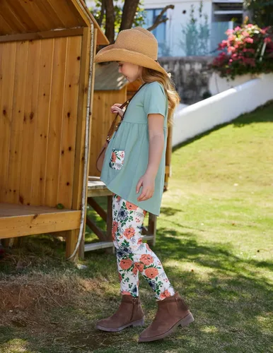 Vista 8 de Arshiner Conjunto de 2 piezas de pantalones y pantalones con estampado floral para niñas pequeñas Verde liso/Naranja Floral