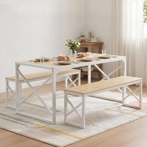 Vista 10 de VECELO Juego de mesa de comedor de cocina de 55 pulgadas para 4, marco de acero resistente y mesa de grano de madera, juegos de comedor que ahorran