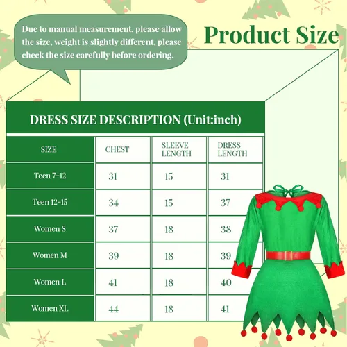 Vista 2 de Girls Women Christmas Elf Costume Set Santa's Helper Costume Xmas Festive Outfit with Elf Hat Shoes Belt Striped Stockings
