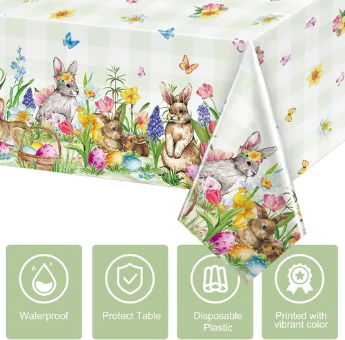 Vista 3 de Riakrum Mantel de Pascua rectangular de plástico con huevos de conejo, mantel floral para decoración y suministros de fiesta de Pascua, primavera