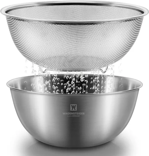 Vista 10 de WAGENSTEIGER Juego de tazón de acero inoxidable y colador de 3 patas, canasta de cocina multiusos con colador de malla fina, cuenco para mezclar