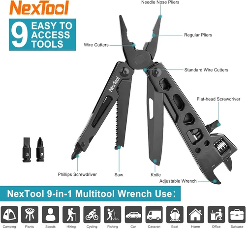 Vista 7 de NexTool Llave multiherramienta ajustable, multiherramienta 9 en 1 con alicates multiherramienta, llave ajustable, cuchillo de bolsillo