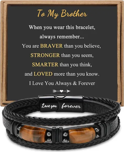 Vista 18 de Regalos únicos para hombres, pulsera de cuero para hombres, papá, novio, hijo, nieto, hermano, te amo para siempre, piedra ojo de tigre, día