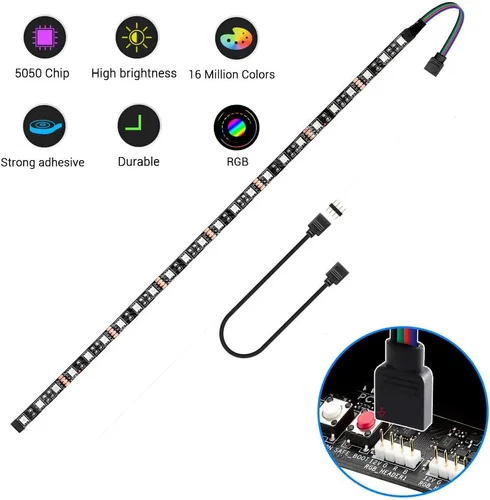 Vista 2 de Tira de luz LED RGB para PC, 19.7 pulgadas, tira LED RGB de 12 V y 4 pines RGB para ASUS Aura Sync, Gigabyte RGB Fusion, MSI Mystic Light, ASRock RGB