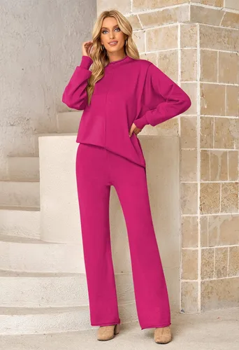 Vista 6 de Linsery Conjunto de suéter de 2 piezas para mujer, cuello alto, suéter de punto de pierna ancha, sudadera casual