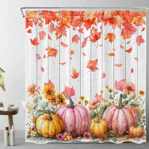 Vista 43 de HVEST Cortina de ducha con ganchos, calabaza espeluznante y fantasma con sombrero de bruja negro, juego de cortina de ducha naranja con flores