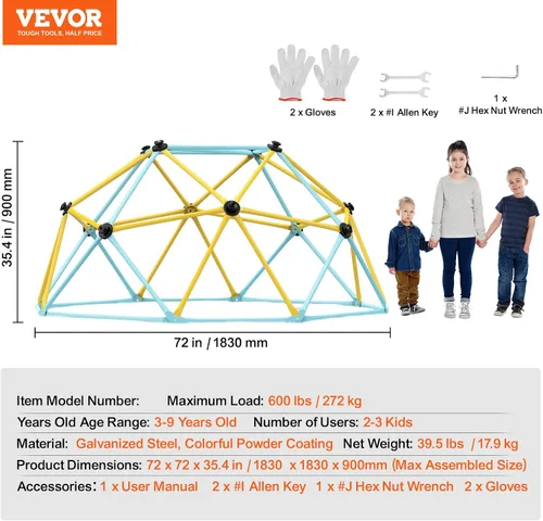 Vista 7 de VEVOR Cúpula de escalada, gimnasio de jungla de 6 pies para niños de 3 a 9 años, centro de juegos geométrico para escalar con soporte de 600LBS