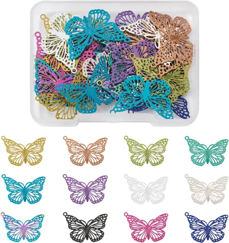 Vista 37 de FASHEWELRY 50 piezas de conectores de filigrana de mariposa de acero inoxidable, adornos de metal grabados con arco iris para fabricación de joyas