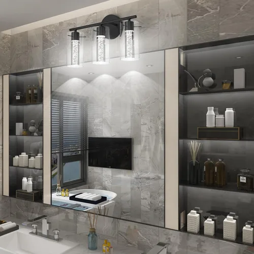 Vista 6 de Tipace Lámpara de tocador moderna, lámpara LED negra de 3 luces, accesorios de iluminación de baño de cristal sobre el espejo, accesorios