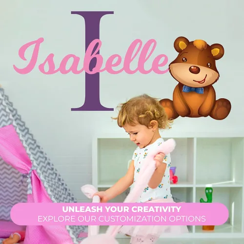 Vista 2 de Calcomanías de pared personalizadas con nombre e inicial de oso de peluche, bonita decoración de habitación de bebé niño y niña, decoración